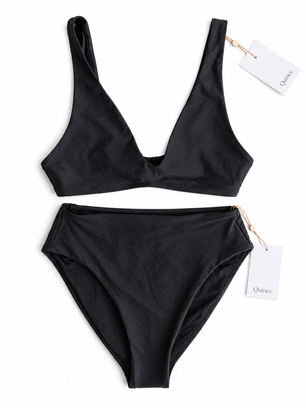 Quince NWT Italian Plunge Bikini Top and High-Rise High-Leg Bottoms Black Small